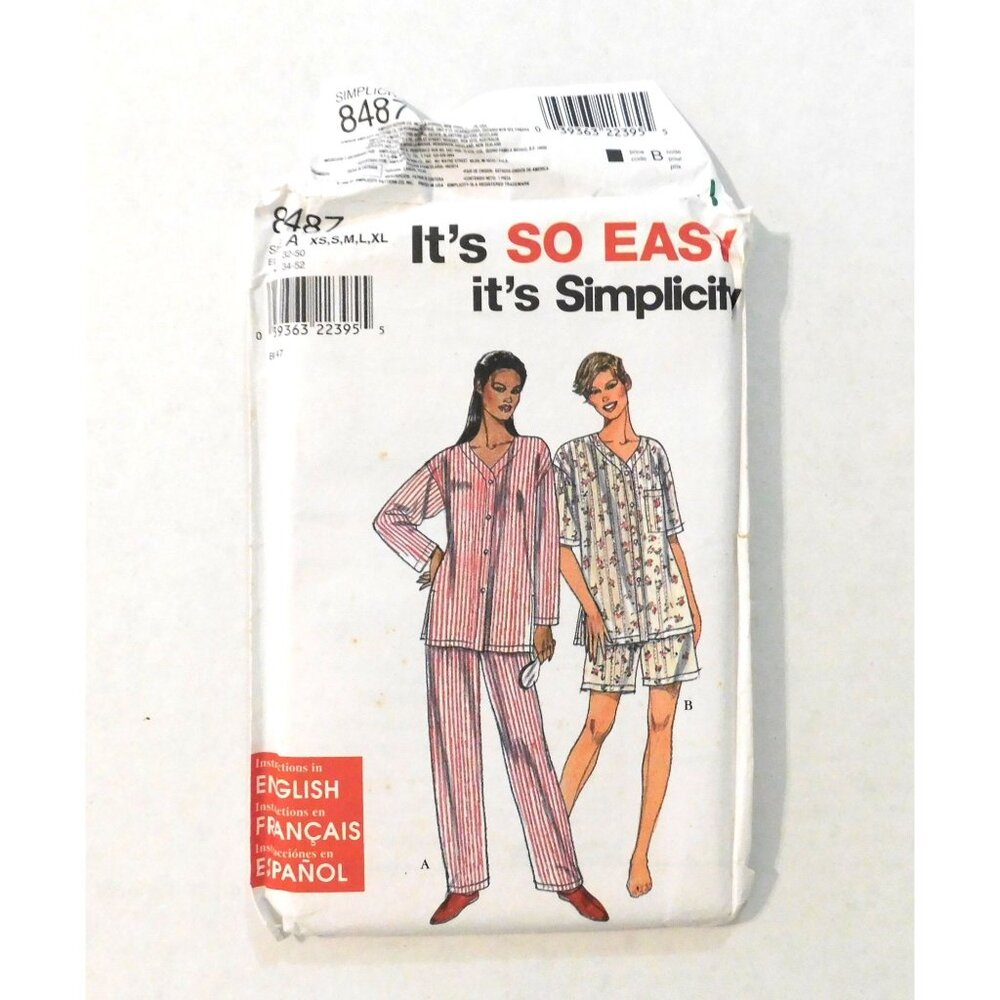 Simplicity 8487 Pajamas XS-XL Tops Pants Shorts Sewing Pattern Uncut